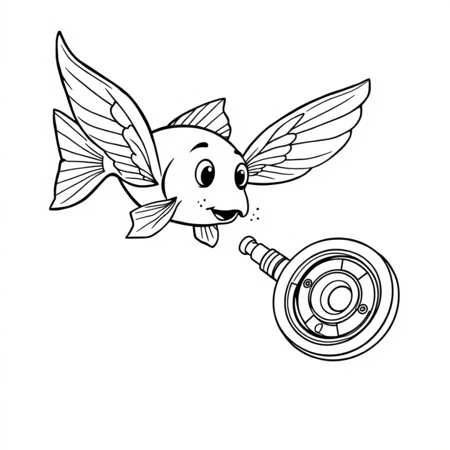 Angelfish Chasing A Flying Mechanical Brass Key Coloring Page