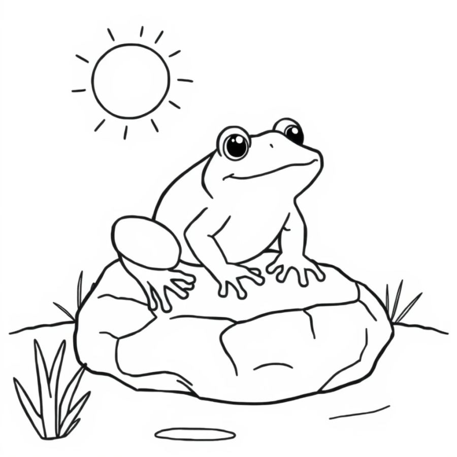 Relaxing Frog Sunbathing on a Rock Coloring Page