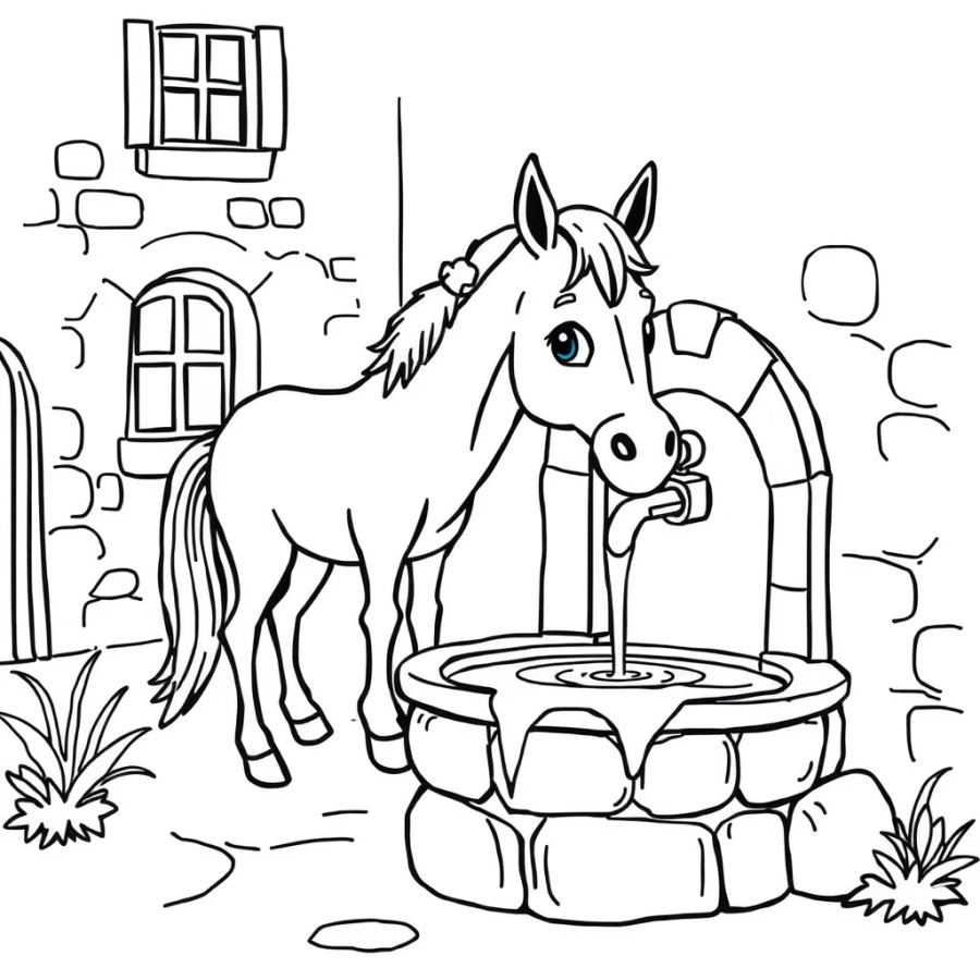 Horse Drinking From A Stone Village Fountain Coloring Page