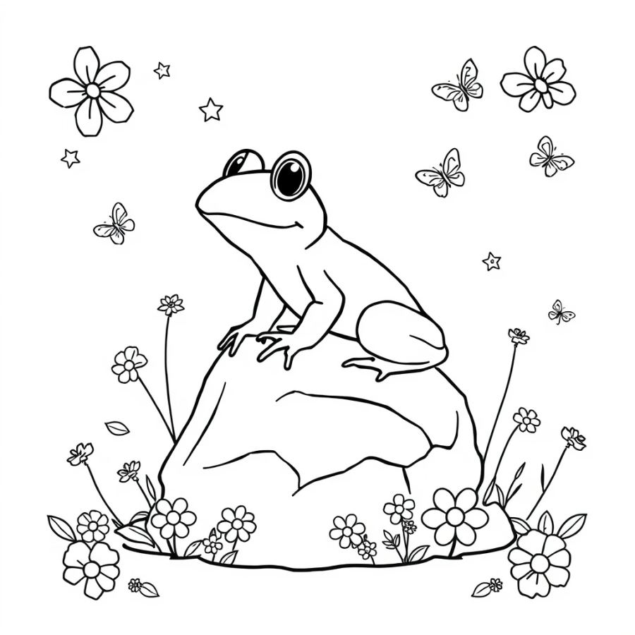 Relaxed Frog Sunbathing on a Rock Coloring Page