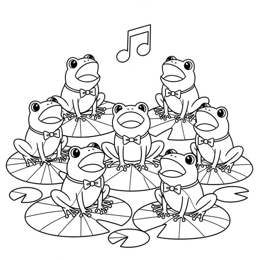 Chirping Chorus: Singing Frog Choir Coloring Page