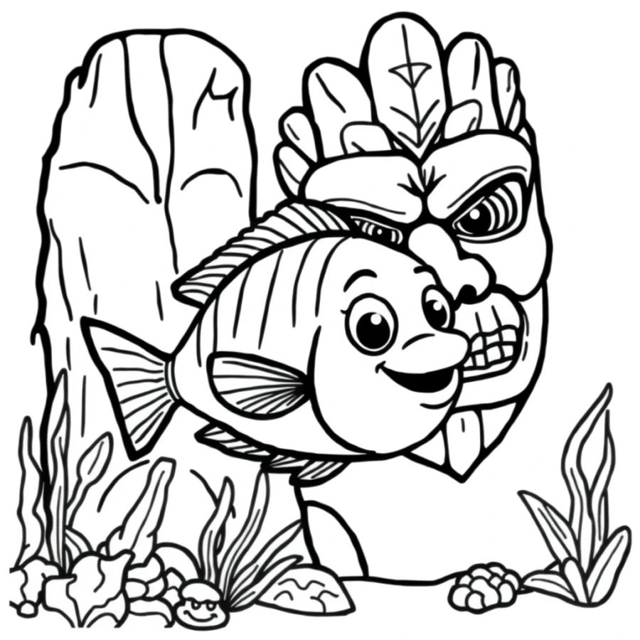 Tropical Fish Swimming Past A Carved Stone Tribal Mask Coloring Page
