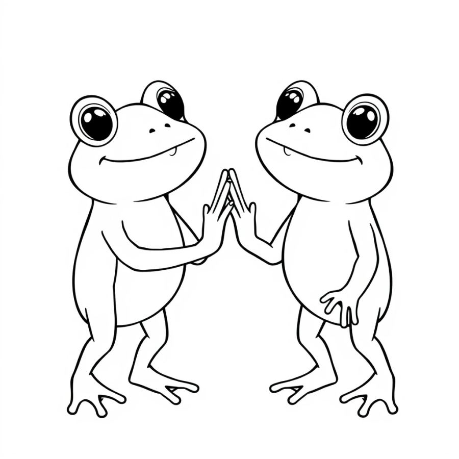 Happy Frog Friends High-Fiving Coloring Page