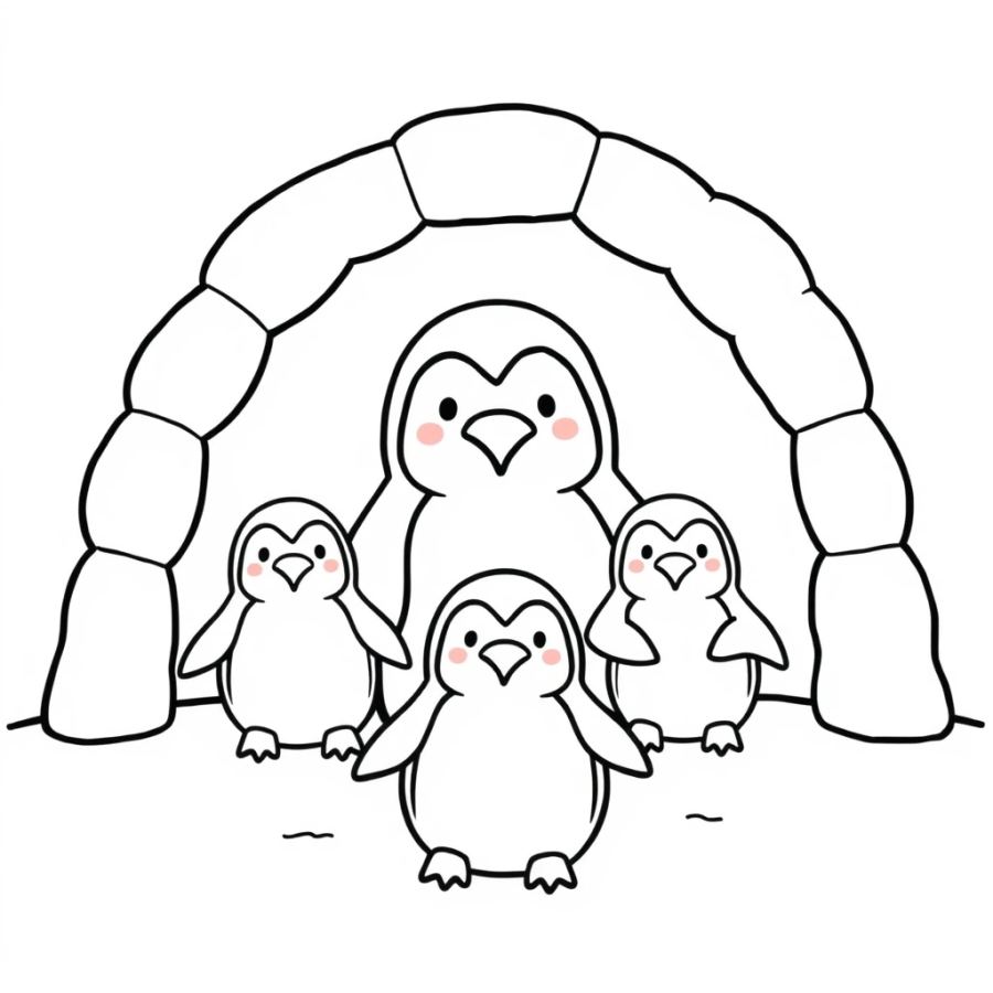 Penguin Family In Igloo Coloring Page