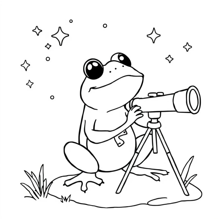 Stargazing Frog with Telescope Coloring Page