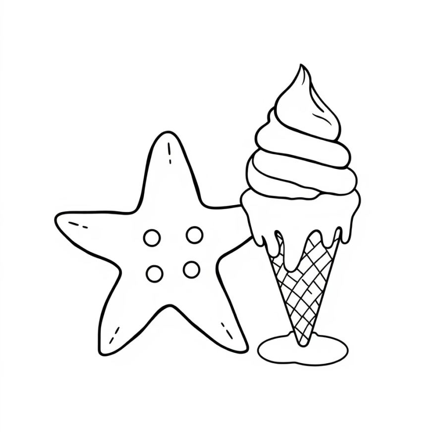 Starfish Next To A Kids Melting Ice Cream Cone Coloring Page