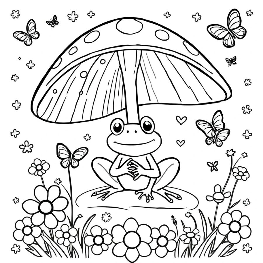 Cute Frog under Mushroom Umbrella Coloring Page