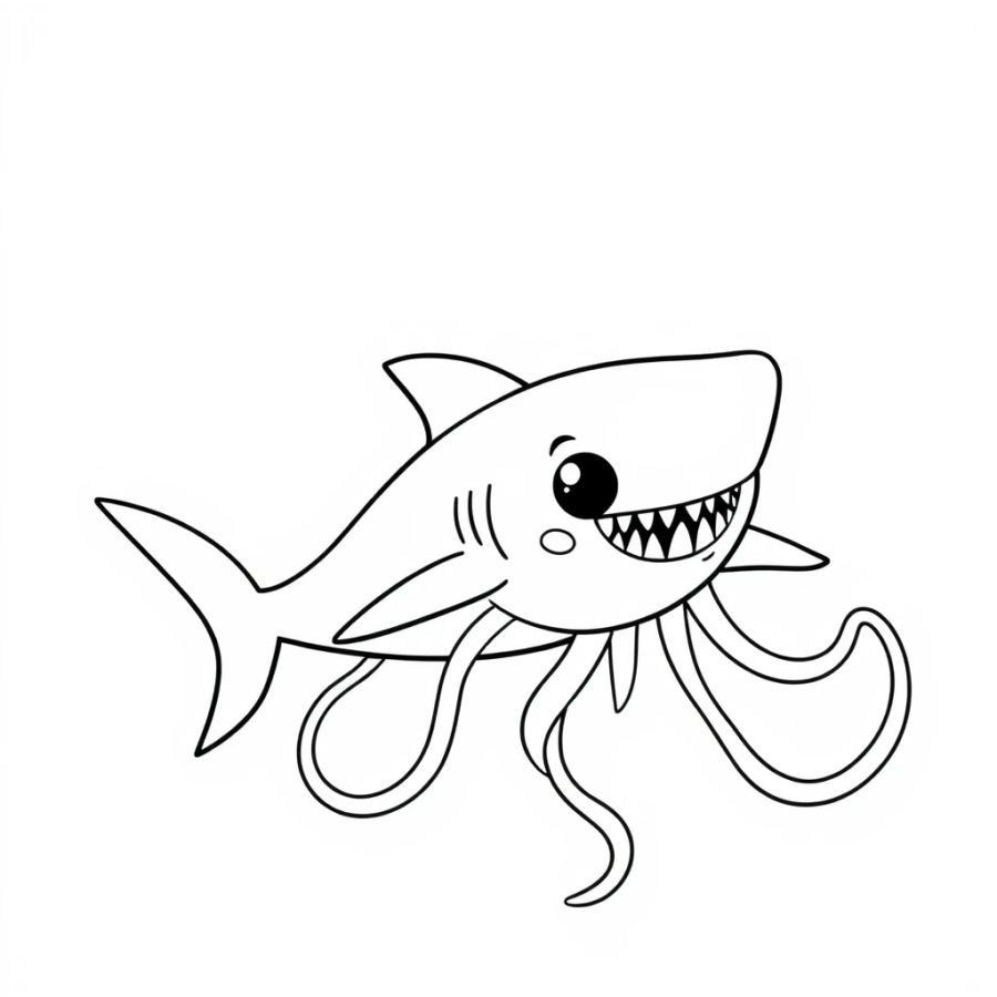 Shark Passing A Giant Glowing Squid Coloring Page