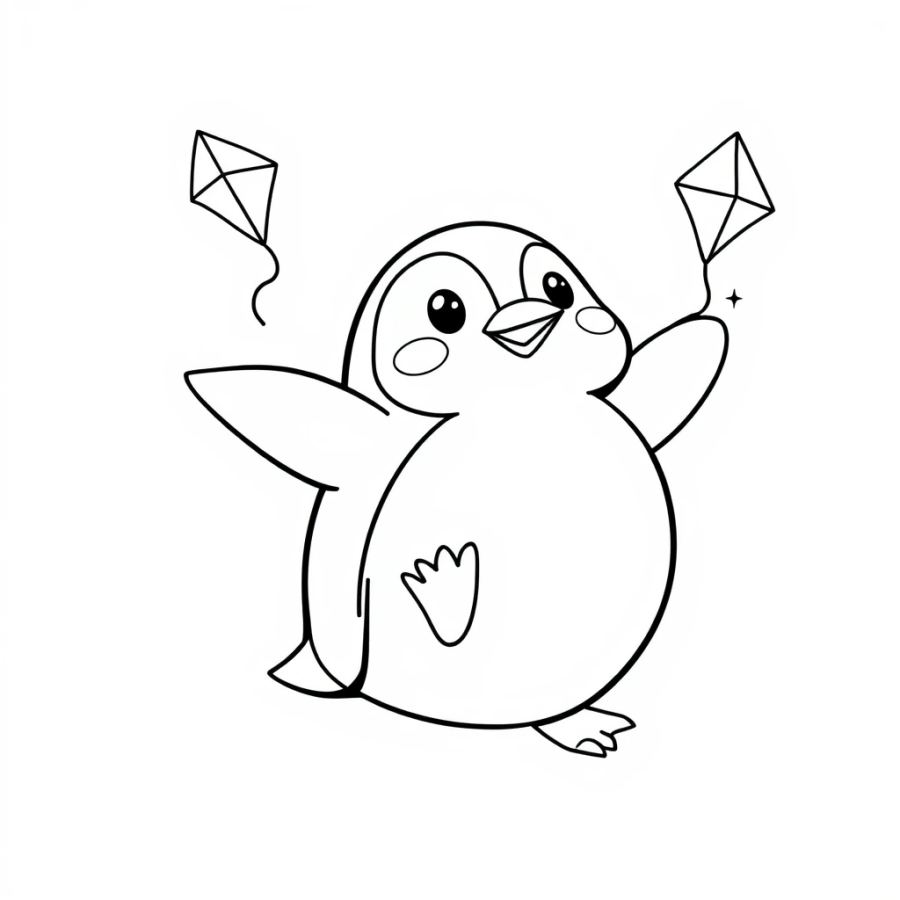 Penguin Flying A Kite Coloring Page