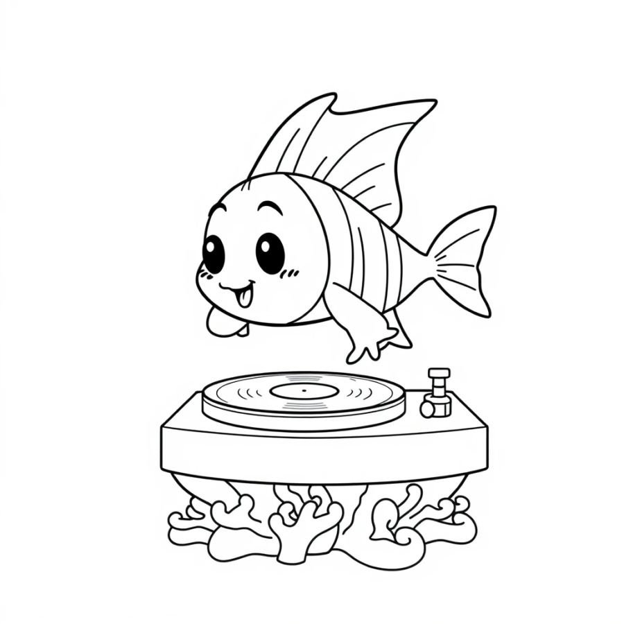 Angelfish Dj Spinning A Record On A Coral Turntable Coloring Page