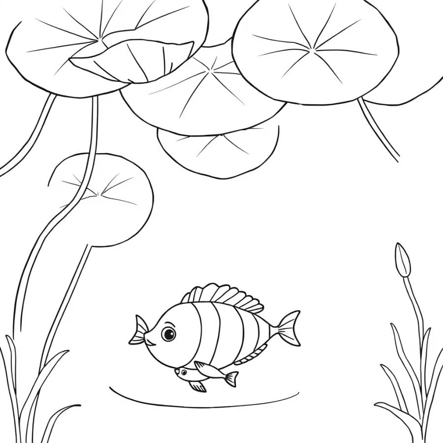 Tropical Fish Family Drifting Under A Canopy Of Giant Floating Lily Pads Coloring Page