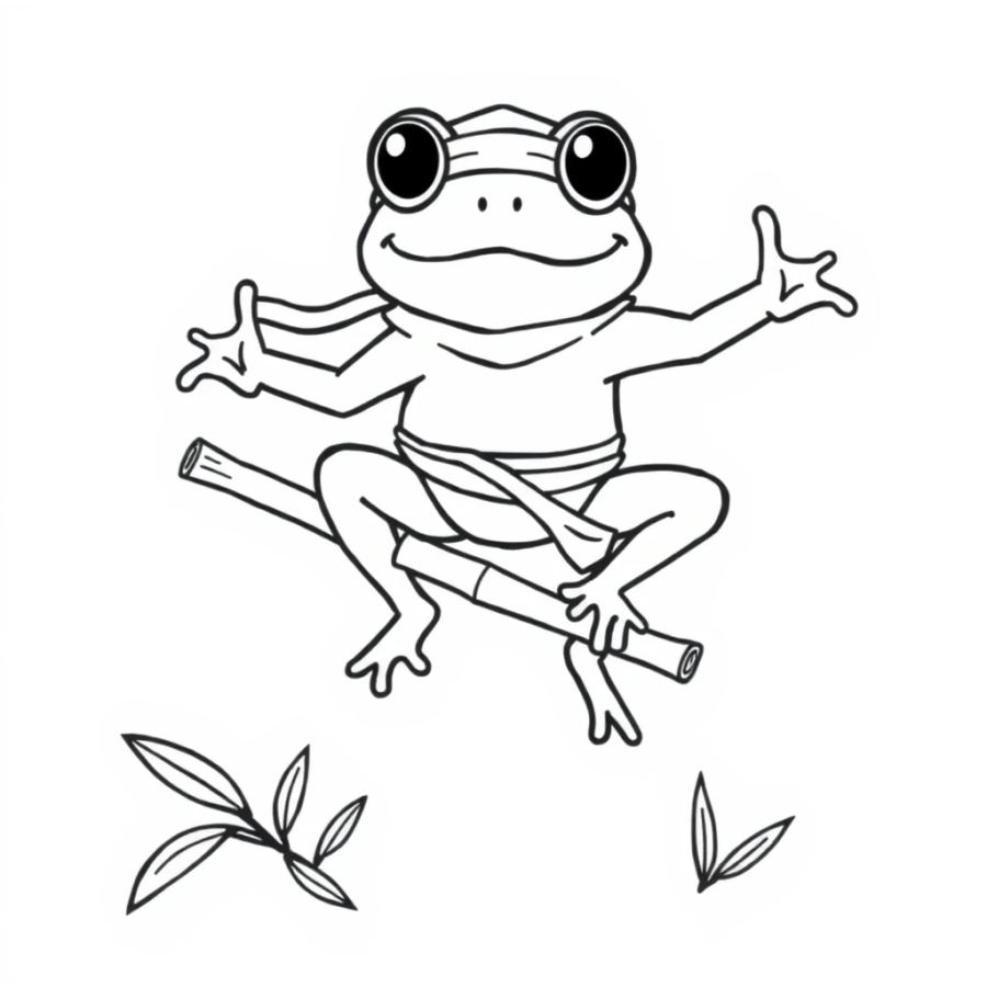 Acrobatic Ninja Frog Balancing on Bamboo Coloring Page