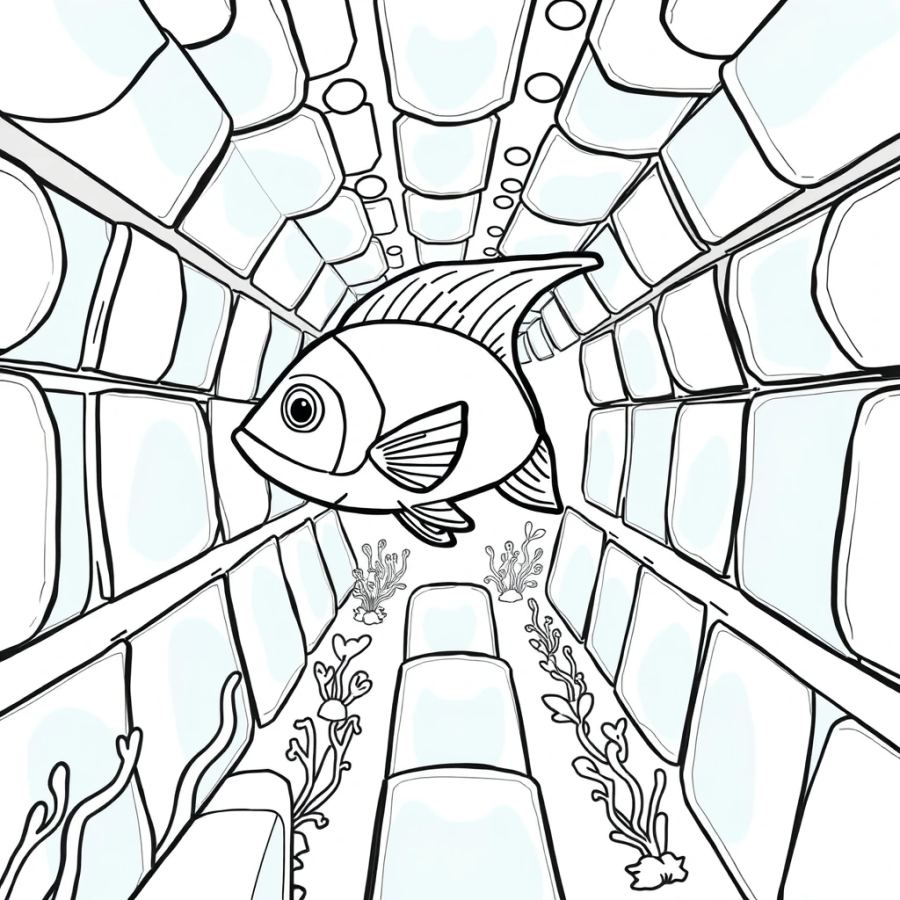 Angelfish Swimming Through A Labyrinth Of Underwater Mirrors Coloring Page