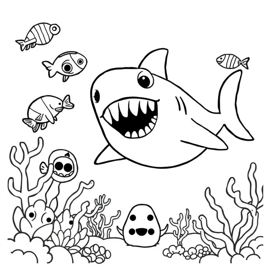 Shark Watching Strange Deep-Sea Creatures Coloring Page