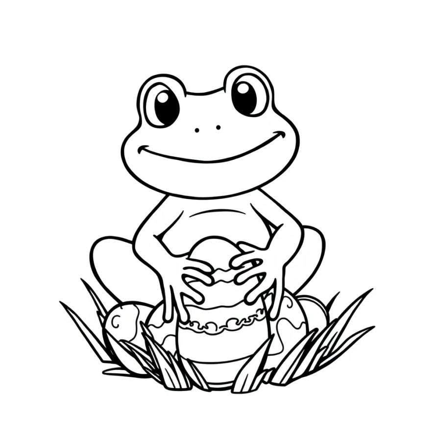 Adorable Frog Collecting Easter Eggs Coloring Page