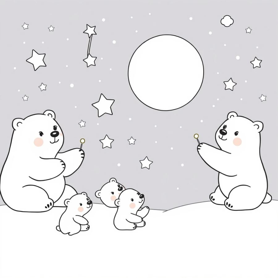 Polar Bear Family Counting Constellations In The Night Sky Coloring Page