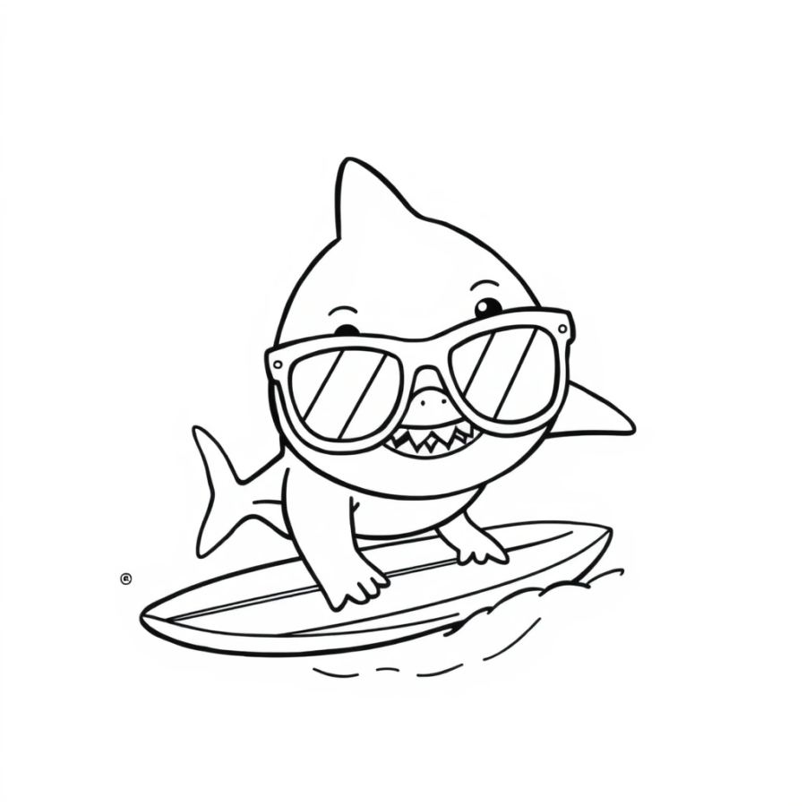 Shark Wearing Oversized Sunglasses On A Surfboard Coloring Page