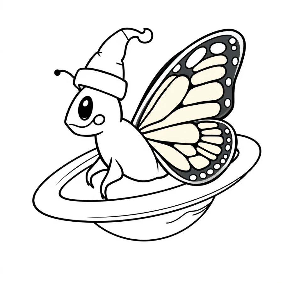 Butterfly Wearing A Nightcap On A Planet Ring Coloring Page