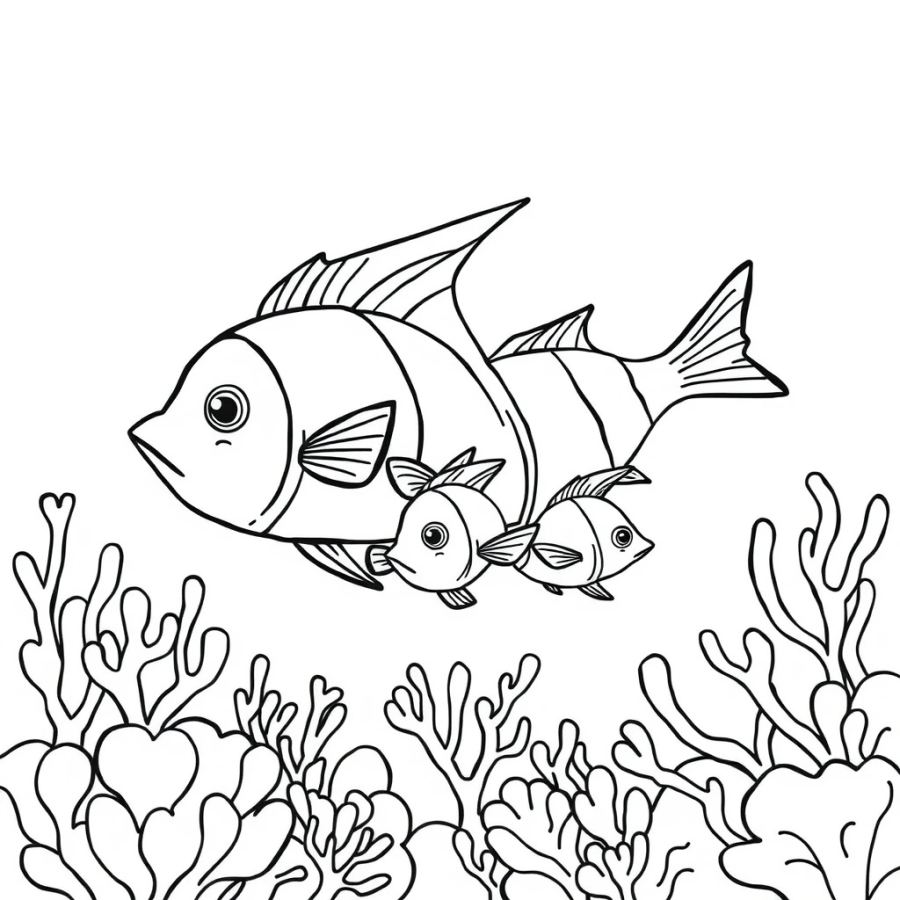 Angelfish Family Exploring A Cubist Abstract Coral Reef Coloring Page