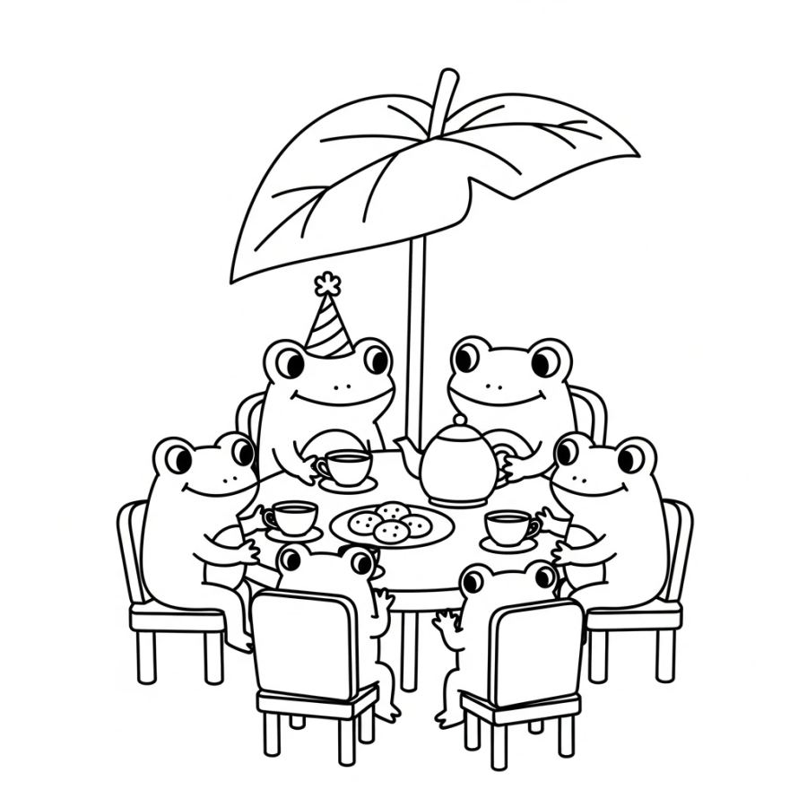 Whimsical Frog Tea Party Coloring Page