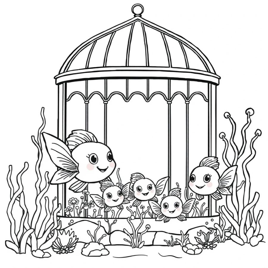Angelfish Family Exploring A Sunken Victorian Glass Greenhouse Coloring Page