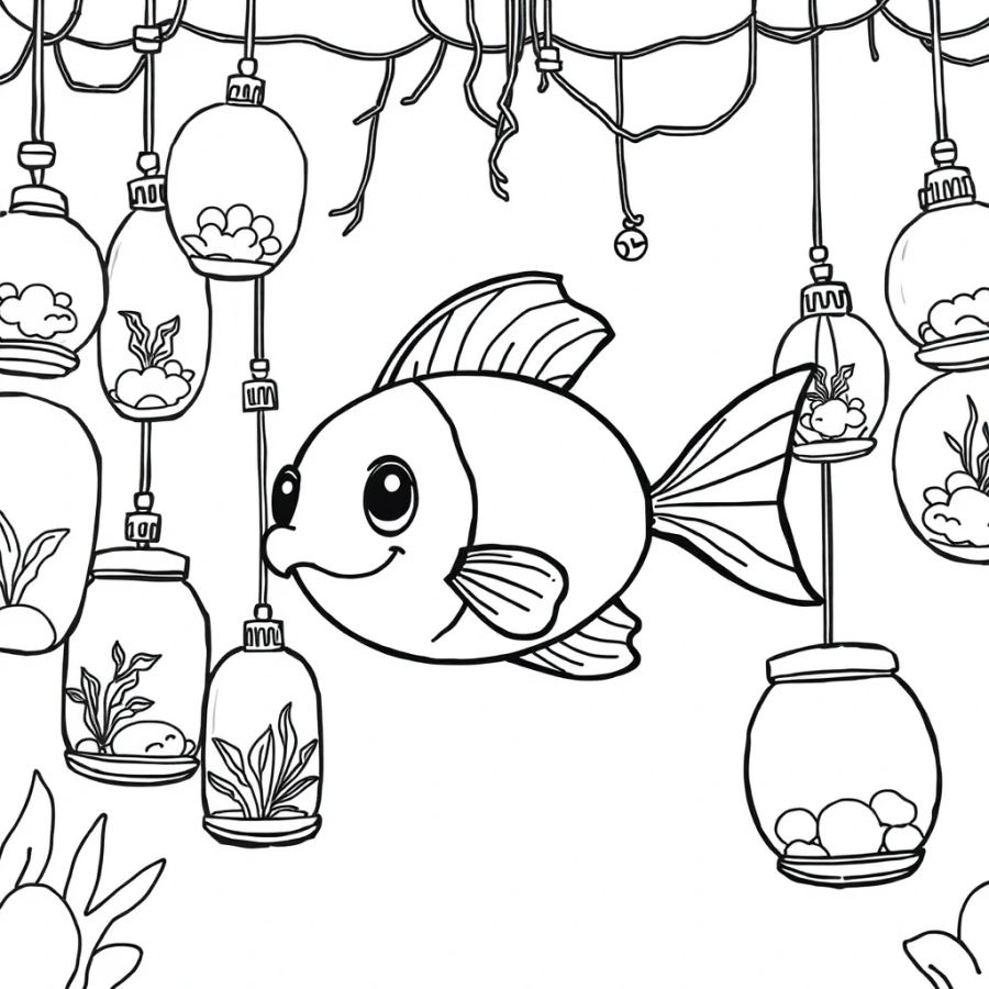 Angelfish Swimming Through A Canopy Of Hanging Glass Terrariums Coloring Page
