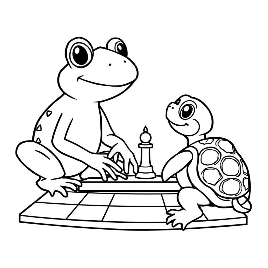 Championship Match: Frog and Turtle Playing Chess Coloring Page