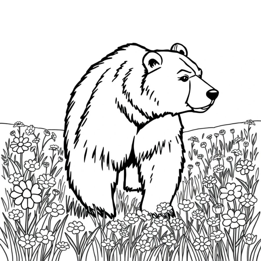 Grizzly Bear in Spring Wildflowers Coloring Page