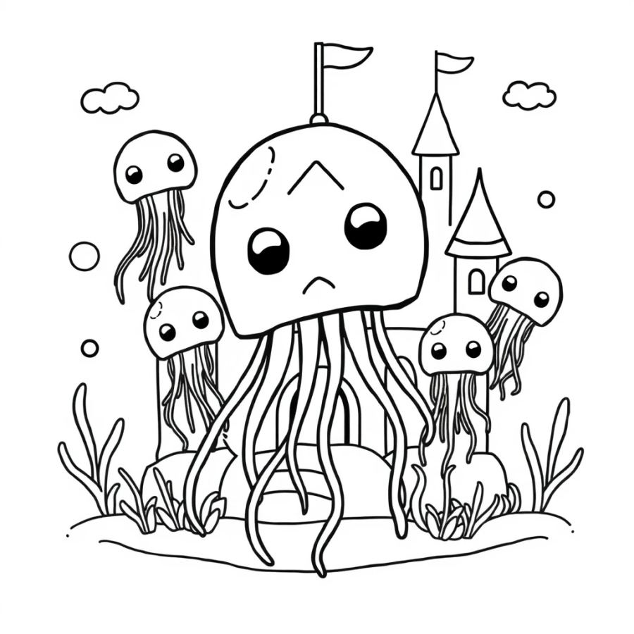 Jellyfish Floating Around A Floating Marshmallow Castle Coloring Page