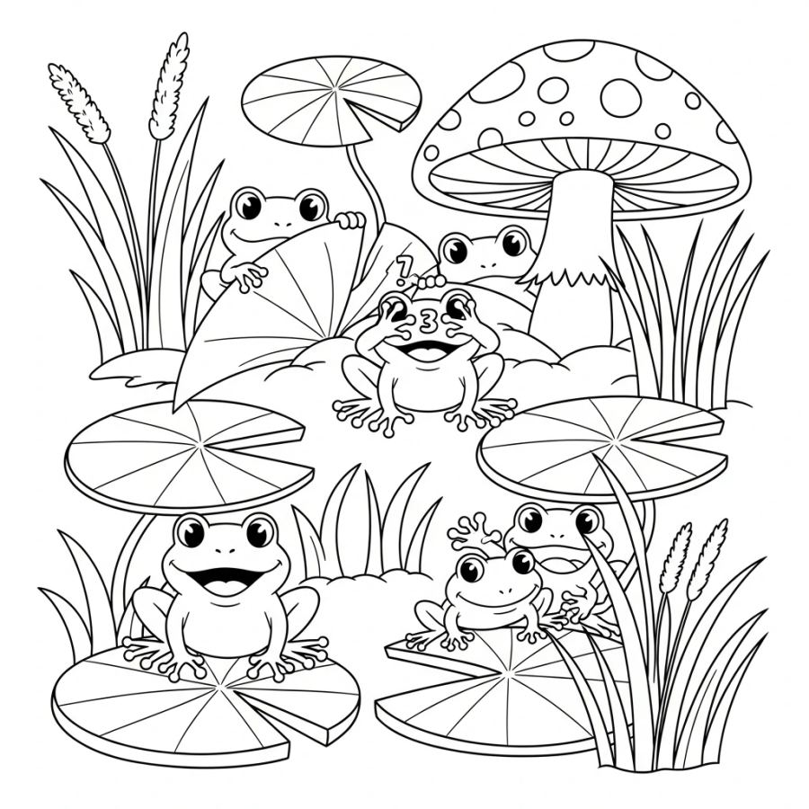 Cute Frogs Playing Hide and Seek Coloring Page