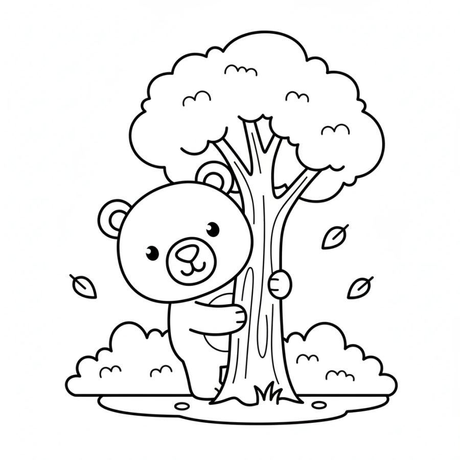 Brown Bear Peeking Behind a Tree