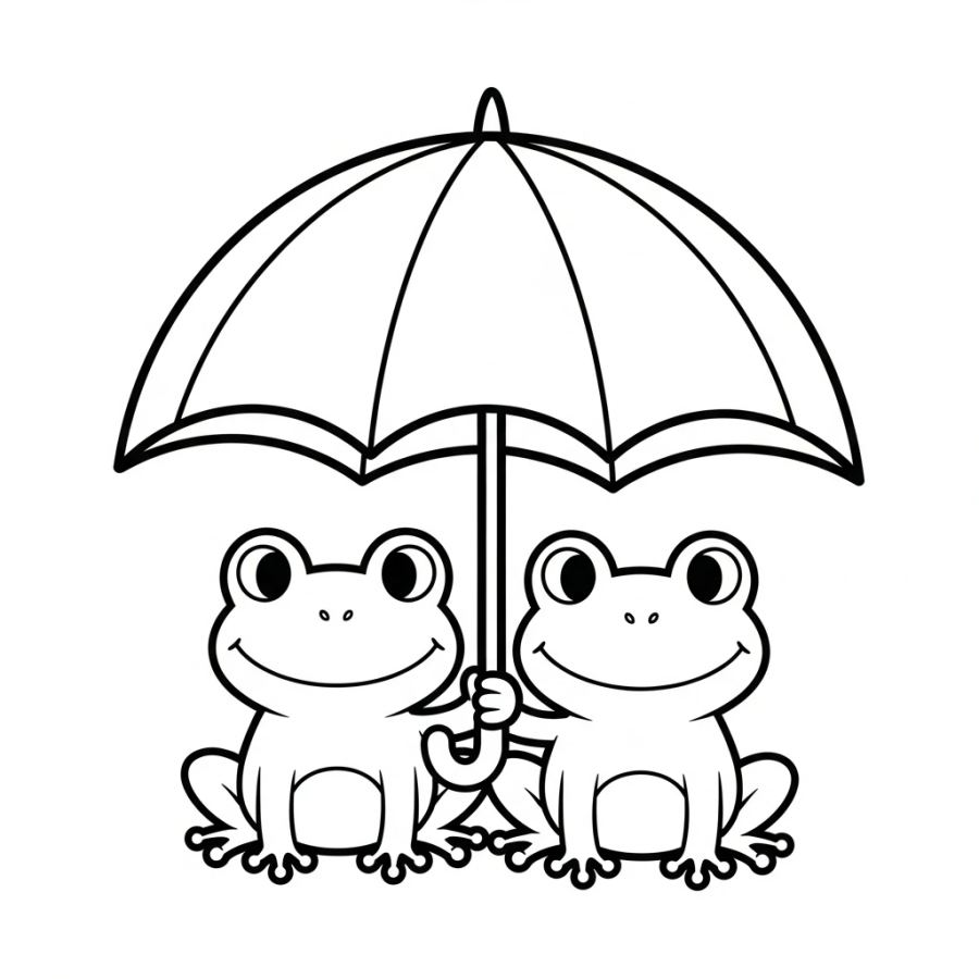 Rainy Day Frogs Sharing an Umbrella Coloring Page