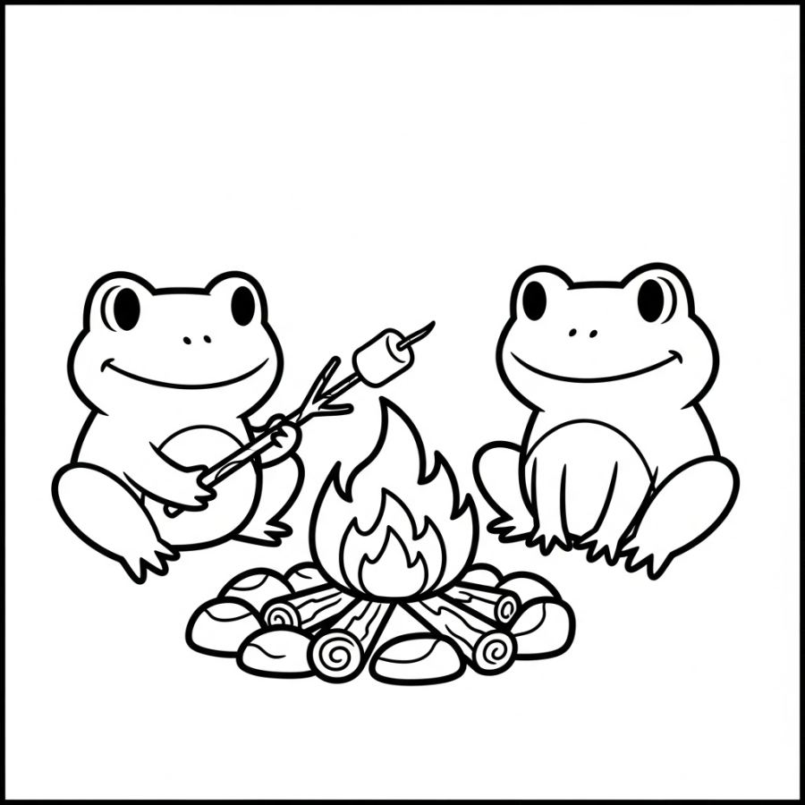 Cozy Campfire Frogs Coloring Page