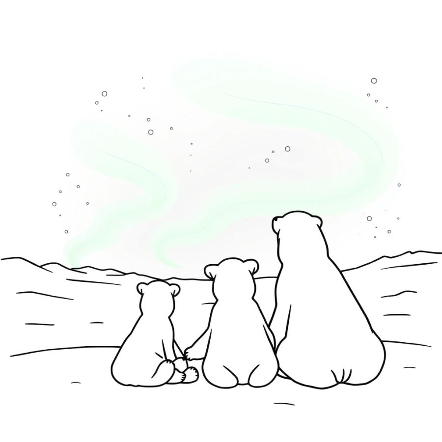 Polar Bear Family Watching The Glowing Green Aurora Borealis Coloring Page