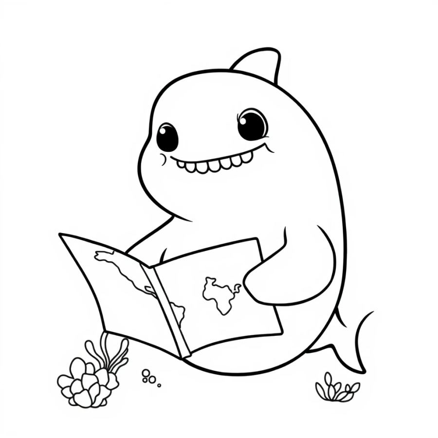 Shark Reading A Map Of The Ocean Coloring Page