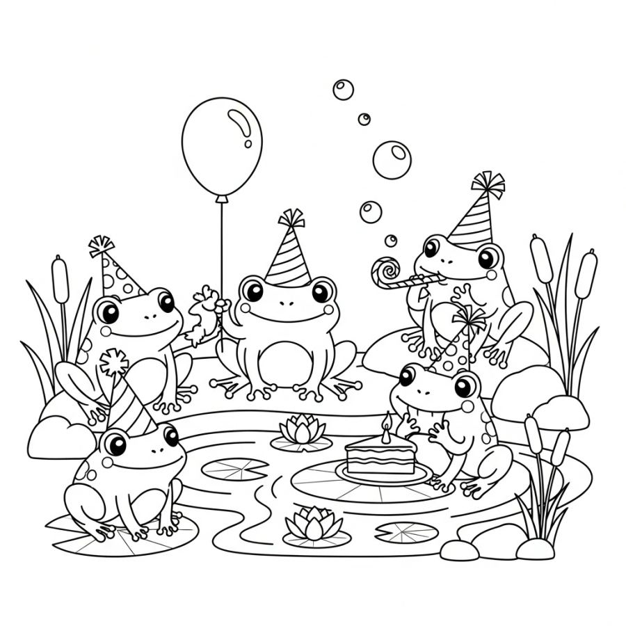 Cute Backyard Pond Frog Party Coloring Page