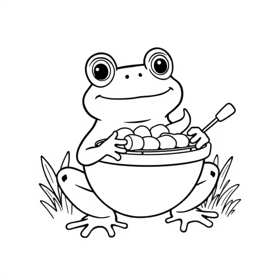 Cute Frog's Summer Barbecue Coloring Page