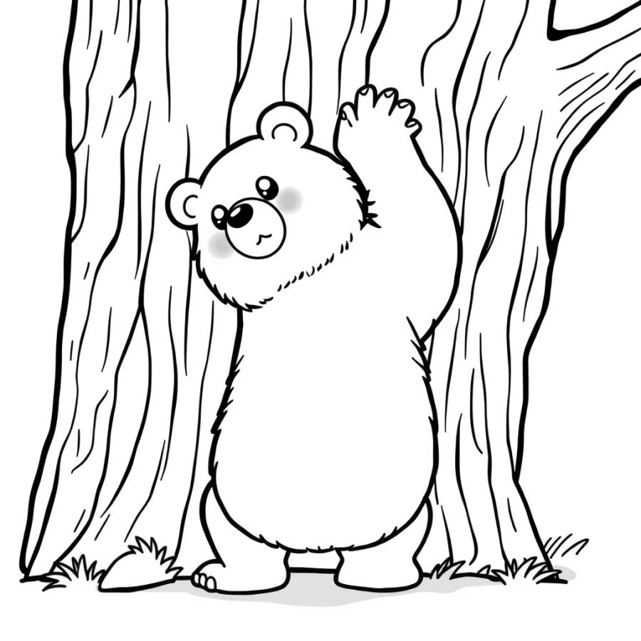 Funny Grizzly Bear Scratching Back on Tree Coloring Page