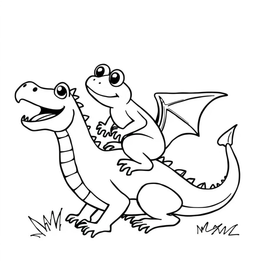 Charming Frog Riding a Friendly Dragon Coloring Page