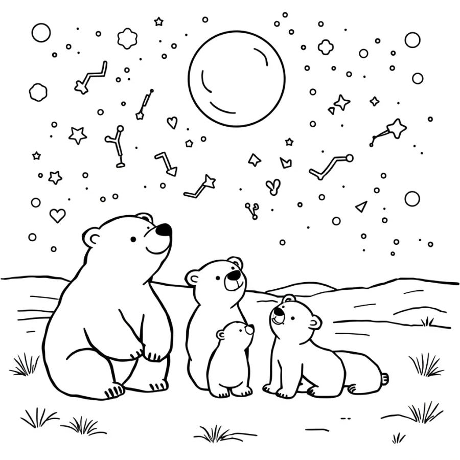 Polar Bear Family Counting Constellations In The Night Sky Coloring Page