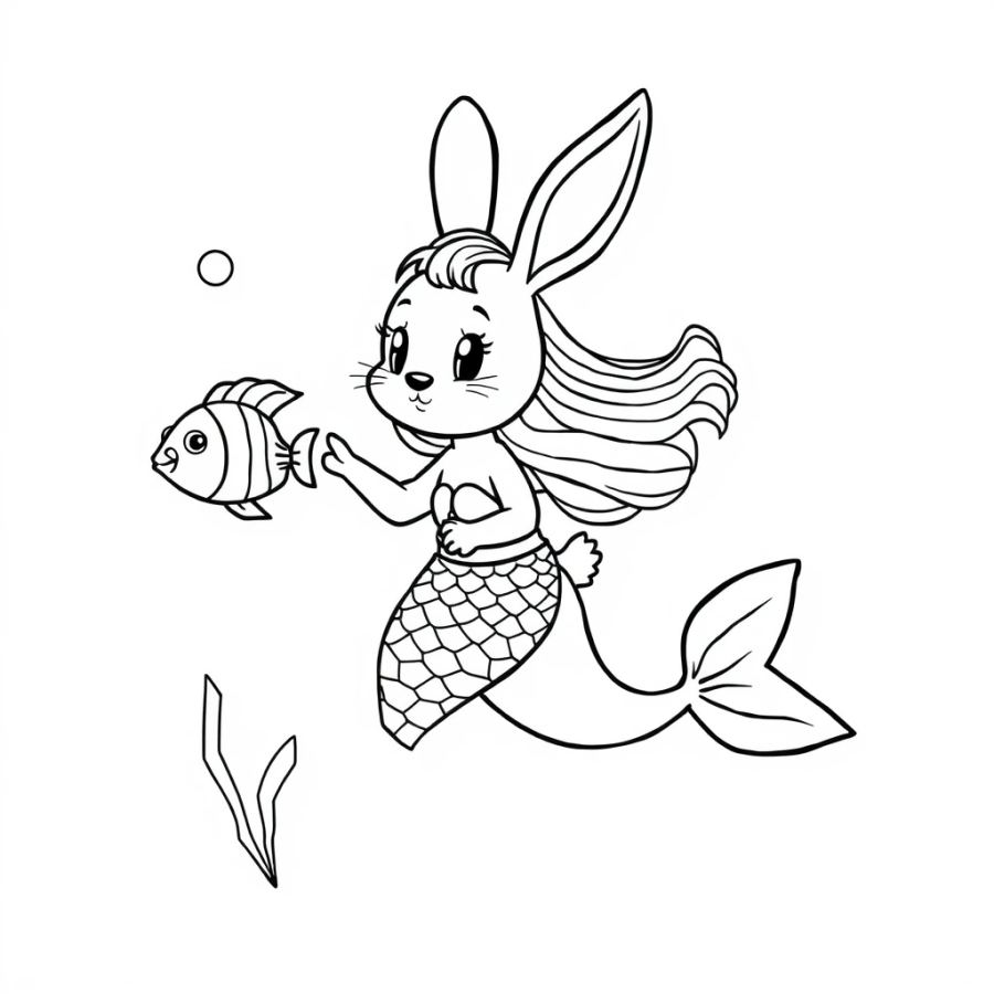 Mermaid Bunny Swimming With Fish Coloring Page