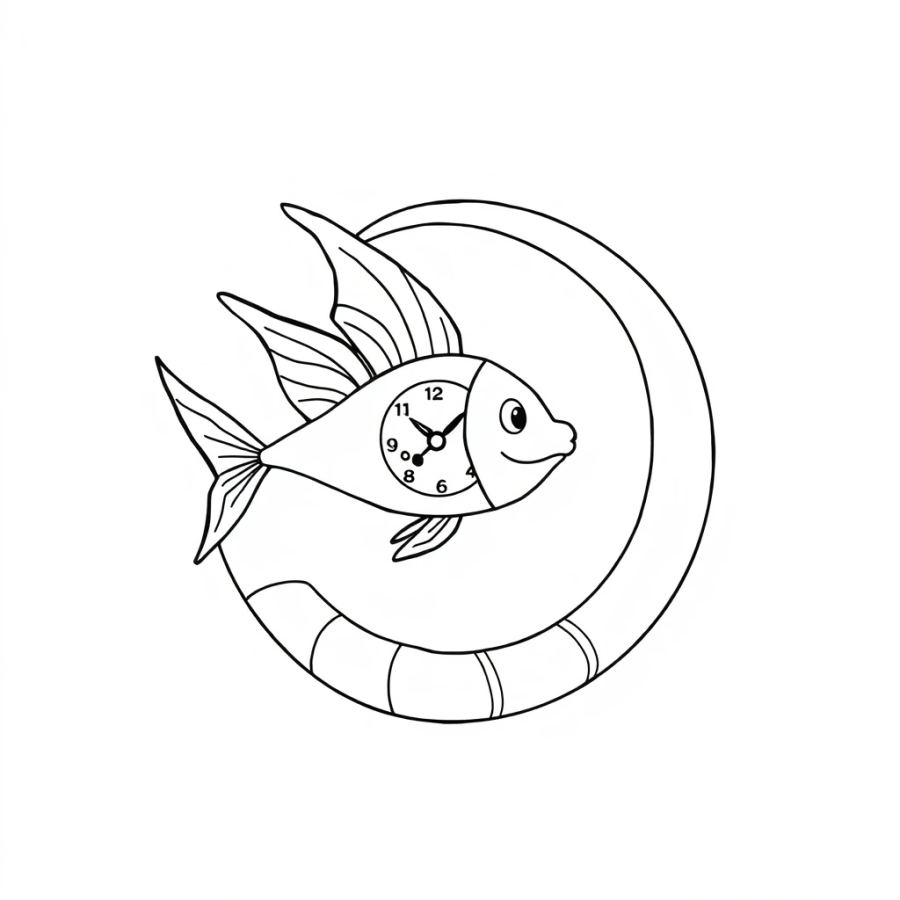 Angelfish Swimming Past A Floating Spiral Clock Spring Coloring Page