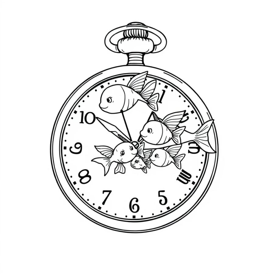 Angelfish Family Resting On A Giant Brass Pocket Watch Face Coloring Page