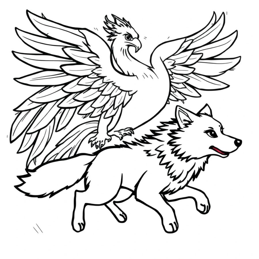 Wolf Running Beside A Majestic Phoenix Coloring Page