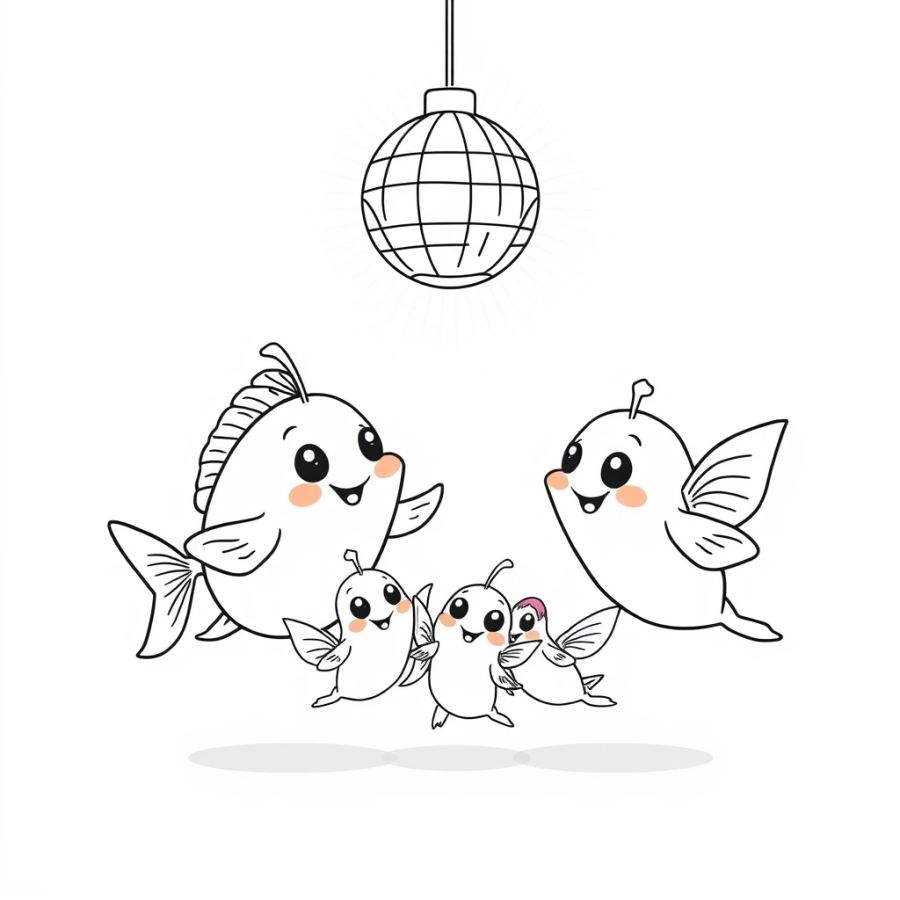Angelfish Family Dancing Under A Flashing Disco Ball Coloring Page