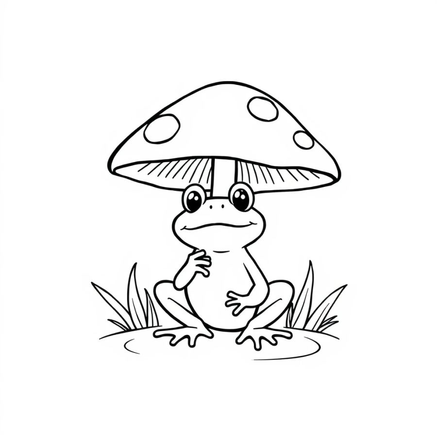 Cute Frog Under a Mushroom Umbrella Coloring Page