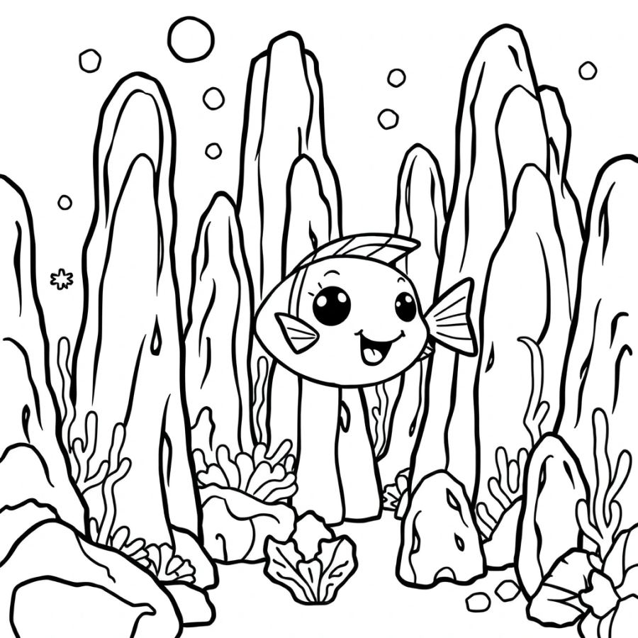 Tropical Fish Weaving Through A Maze Of Volcanic Rock Columns Coloring Page