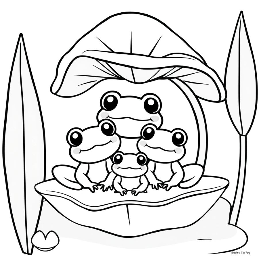 Adorable Baby Frog Family under Lotus Leaf Coloring Page
