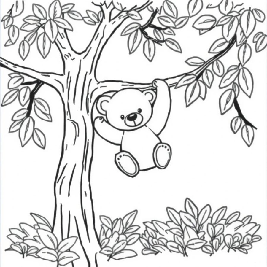 Happy Teddy Bear Swinging on a Tree Branch Coloring Page
