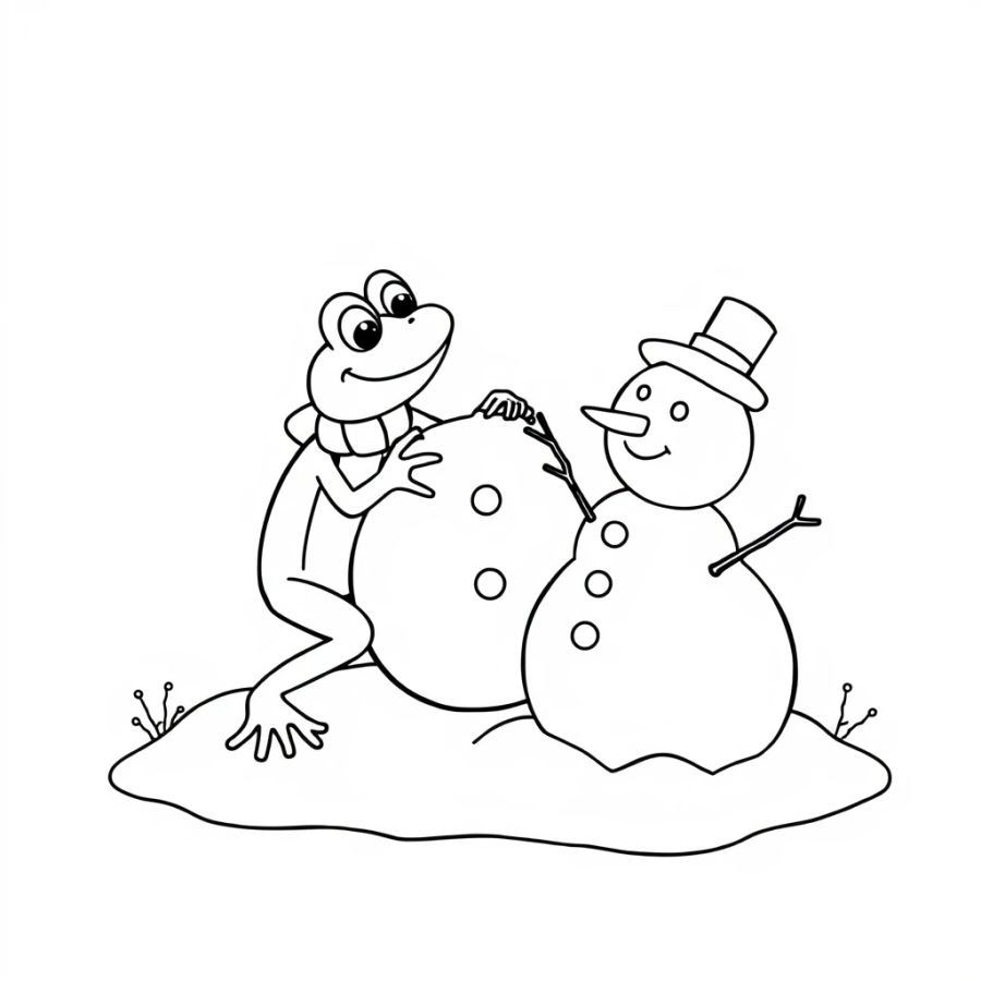 Cute Frog Building a Snowman Coloring Page